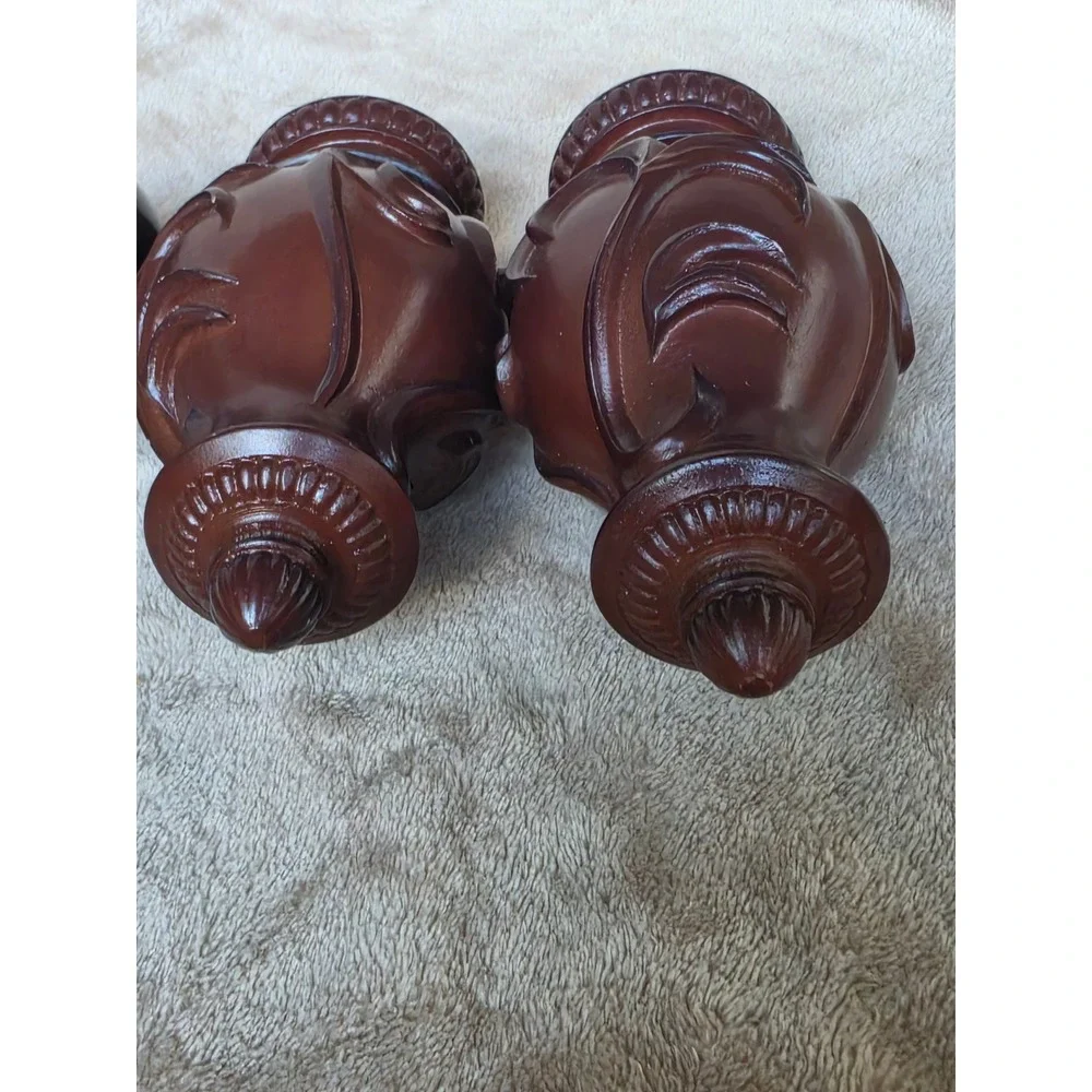 4pc Decorative Curtain Rod Finials Lot Carved Wood Scroll & Dark Bronze Metal